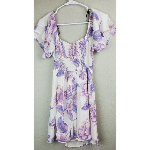 Forever 21 Women's Medium Off-White Purple Floral Dress Tie Front - Picture 7 of 10